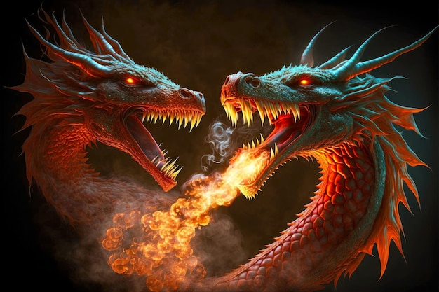 Dragones rojos mágicos de cuento de hadas con fuego saliendo de tu boca