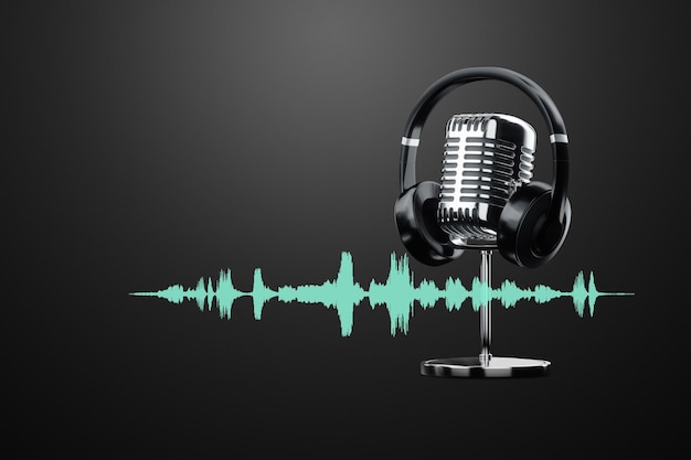 Drahtlose Kopfhörer und Mikrofon im Retro-Design auf dunklem Hintergrund Konzept für Podcast-Interview-Radio Hören von Podcasts 3D-Rendering 3D-Digitalillustration fotorealistische Qualität