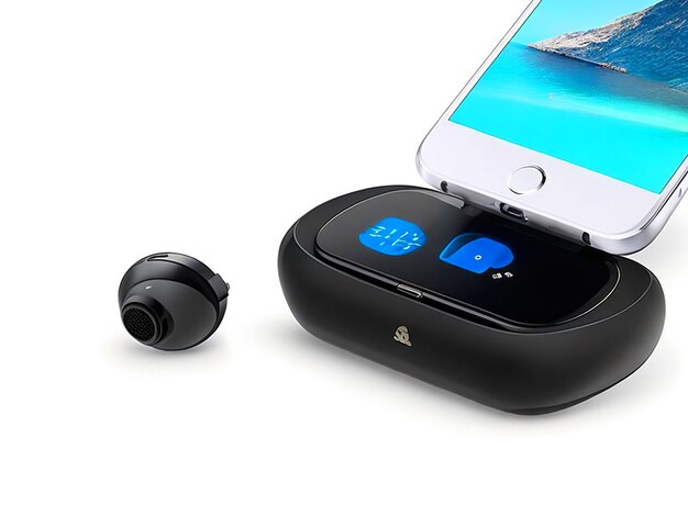 Drahtlose schwarze Bluetooth-Ohrhörer mit kontaktlosem Laden Closeup auf weißem Hintergrund