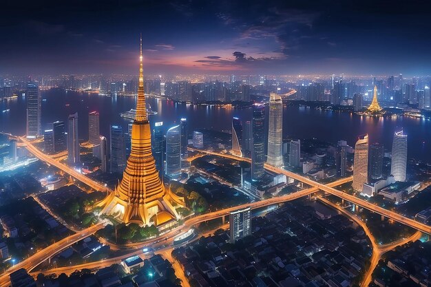 Drahtloses Netzwerk und Verbindungstechnologie-Konzept mit Bangkok Stadt Hintergrund in der Nacht in Thailand Panorama-Ansicht