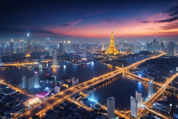Drahtloses Netzwerk und Verbindungstechnologie-Konzept mit Bangkok Stadt Hintergrund in der Nacht in Thailand