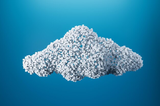 Drahtloses Verbindungs- und Cloud-Speicherkonzept mit weißer 3D-Wolke aus Pixelfiguren auf abstraktem blauem Hintergrund 3D-Rendering