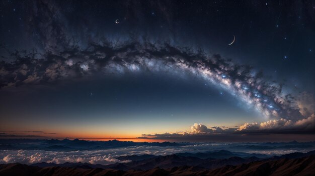 Drama Celestial Montanhas Majestosas Abraçando o Nascer do Sol e as Estrelas