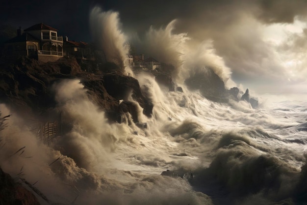 Drama de uma tempestade e tempestade ao longo da costa poder da natureza com clima dramático turbulento