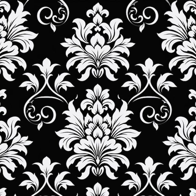 Drama de inspiración barroca de Damasco blanco y negro sin costuras con intrincados arreglos florales