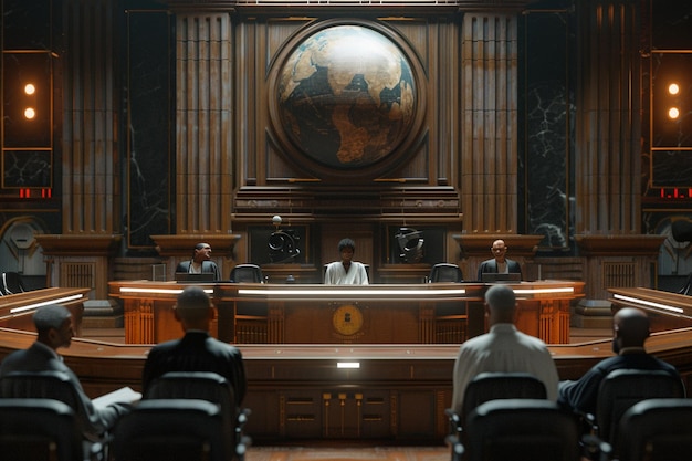 Foto drama intergaláctico en la sala de juicio con jueces y abogados