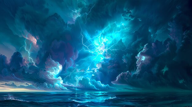 Dramatic Stormy Seascape com Vibrant Lightning Strike Surreal Ocean Artwork para Projetos Criativos e Design Mística Scene Marinha AI