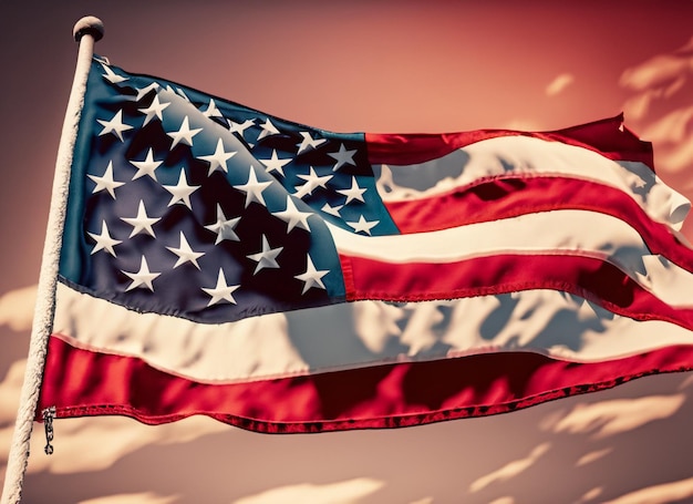 Dramática bandeira americana ondulada no céu vermelho