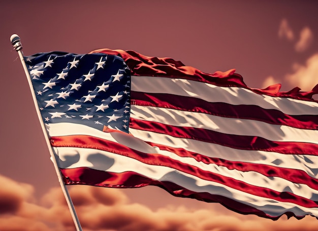 dramática bandera estadounidense ondulada en el cielo rojo