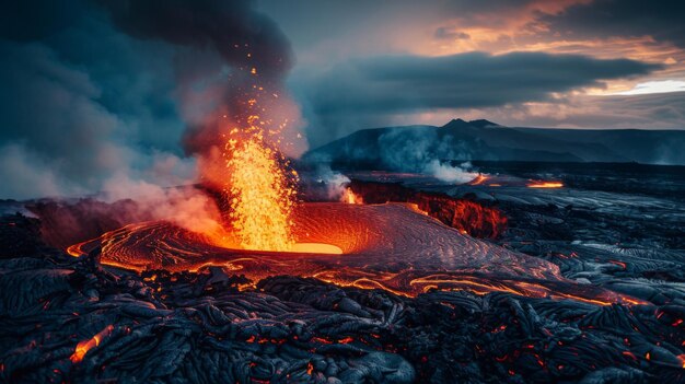 Foto una dramática erupción de lava derretida del cráter de un volcán que muestra el poder crudo e intensidad de la furia de la naturaleza.