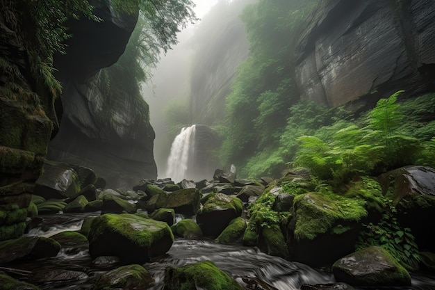 Dramática escena de cascada con niebla flotando entre las rocas y vegetación creada con ai generativo