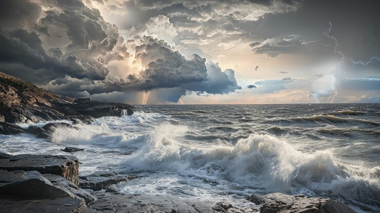 Dramática escena de tormenta oceánica con olas estrelladas relámpagos y nubes oscuras