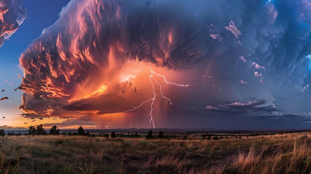 Foto una dramática foto de paisaje de una tormenta de relámpagos sobre un campo rural la tormenta está en la distancia con las nubes oscuras iluminadas por el relámpago