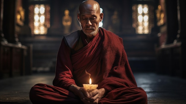 la dramática meditación del monje tibetano en el templo