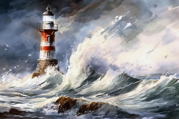 dramática paisagem aquarela tempestade no mar ondas enormes farol rochas
