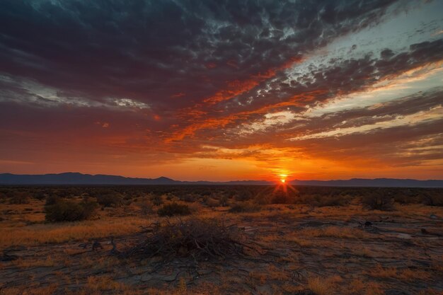 Dramática puesta de sol en el desierto con silueta de árbol