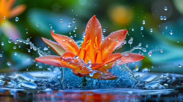 Una dramática salpicadura de agua envuelve una flor vibrante que ilustra la danza armoniosa entre el agua y la naturaleza con gotas suspendidas en el aire como joyas líquidas