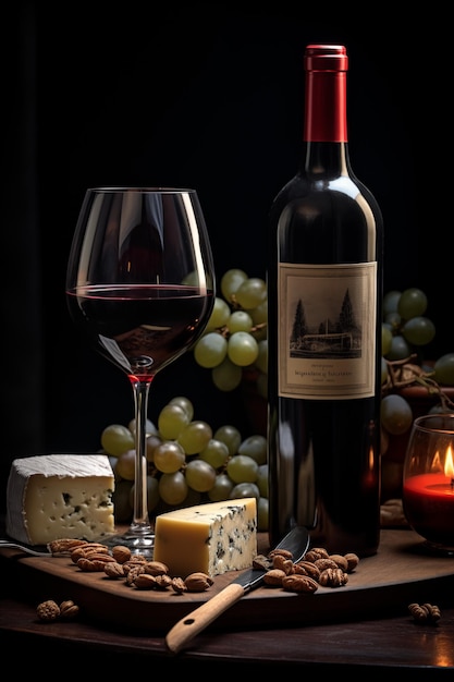 Una dramática toma de claroscuro de una botella de vino tinto junto a un vaso vertido y una selección de quesos