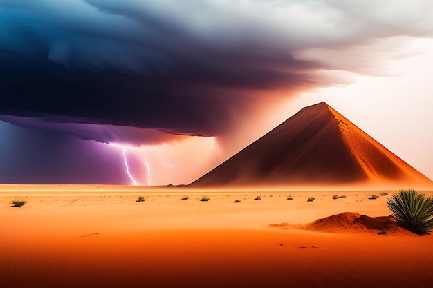 Dramática tormenta de arena en el desierto tormenta de truenos relámpago fondo abstracto