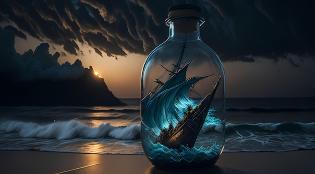 Dramática tormenta de cautiverio y barco pirata encerrado en vidrio