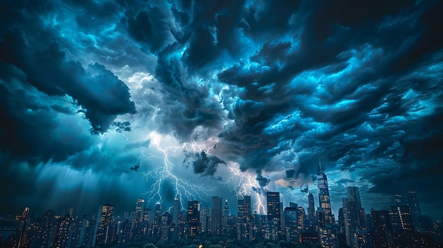 Dramática tormenta en el cielo de la ciudad por la noche