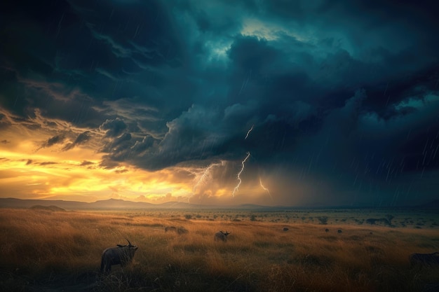 Dramática tormenta sobre la sabana africana en el resplandor del atardecer