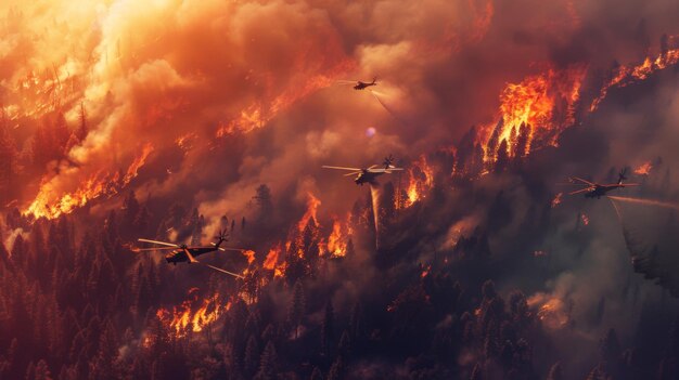 Una dramática vista aérea de los bomberos luchando contra un furioso incendio desde el aire con helicópteros arrojando agua y retardante de fuego para contener el incendio y proteger el bosque