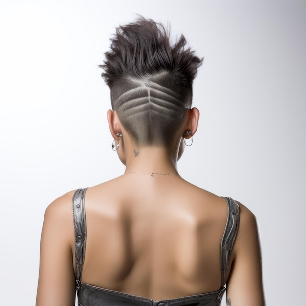 Foto dramáticas diagonales vista trasera de una mujer con el cabello afeitado en mohawk de aluminio puntiagudo