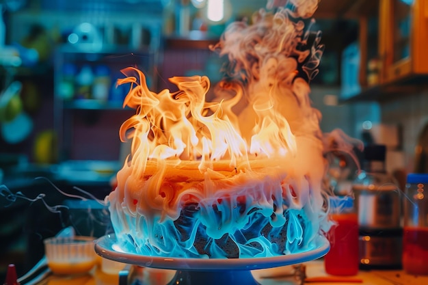 Dramáticas llamas culinarias en la cocina con un intenso fuego azul y naranja en el plato de cocina artístico