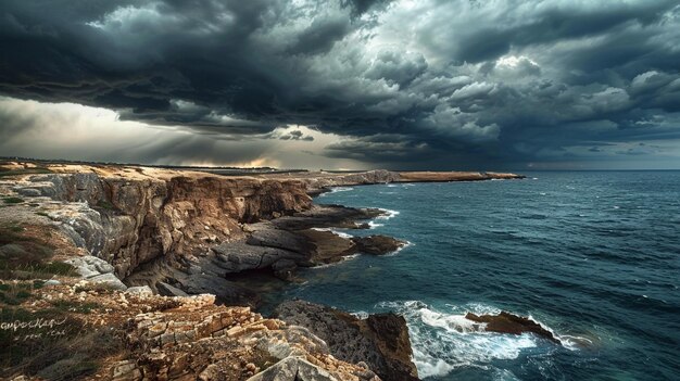 Foto dramáticas nubes de tormenta rodando sobre el escarpado paisaje costero