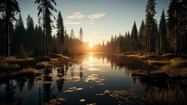 Un dramático amanecer sobre un lago tranquilo Paisaje natural