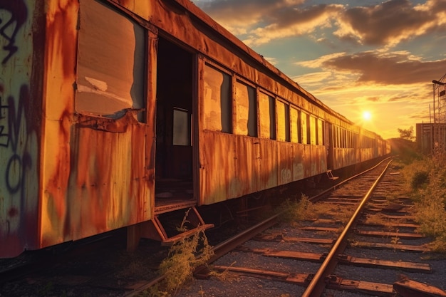 Dramático atardecer proyectando sombras en vagones de tren abandonados creados con IA generativa