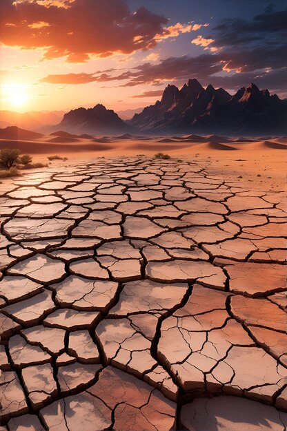 dramático atardecer sobre las montañas de tierra agrietada paisaje desértico de fondo