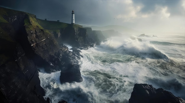 Dramático faro nocturno que se mantiene firme contra las olas del mar