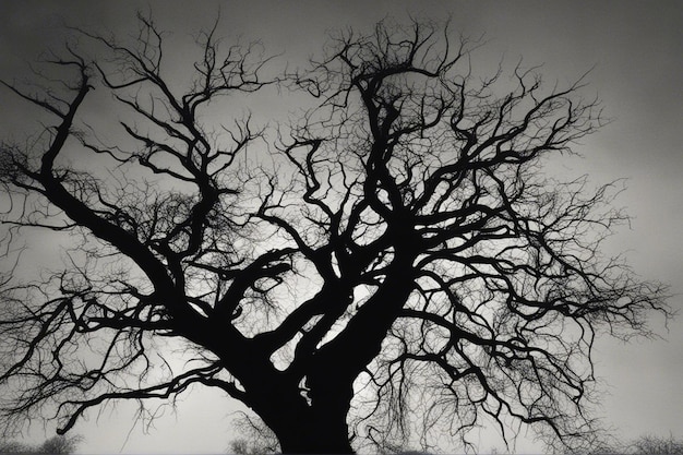 Un dramático paisaje de árboles en blanco y negro