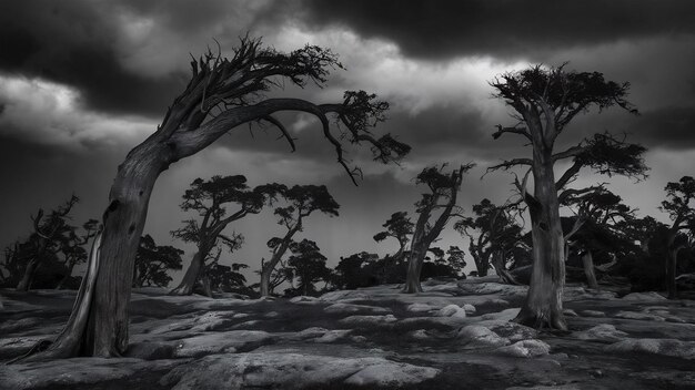 Foto dramático paisaje de árboles en blanco y negro