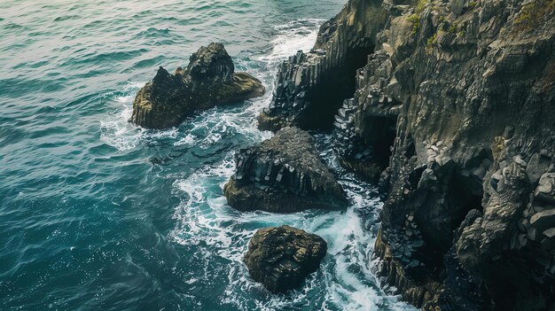Dramático paisaje marino con formaciones rocosas oscuras y olas que se estrellan