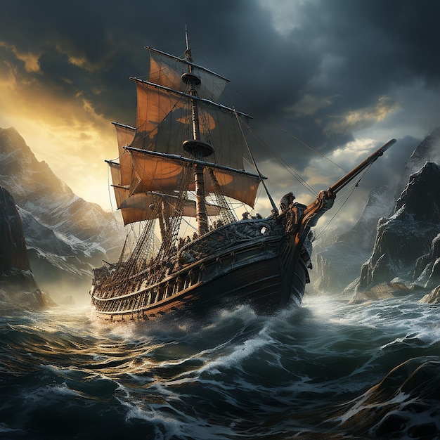 Dramático paisaje marítimo de la época vikinga con pintura vikinga