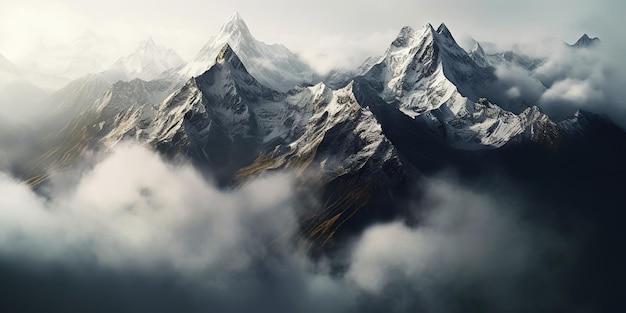 Dramático paisaje de montañas cubiertas de nieve Nubes y niebla cubren las laderas de piedra IA generativa