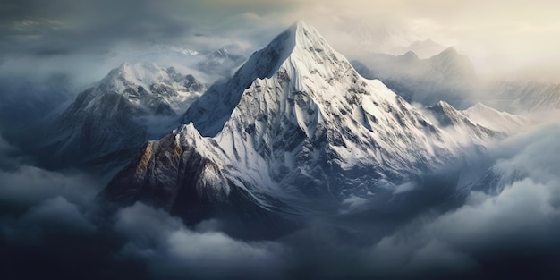 Dramático paisaje de montañas cubiertas de nieve Nubes y niebla cubren las laderas de piedra IA generativa