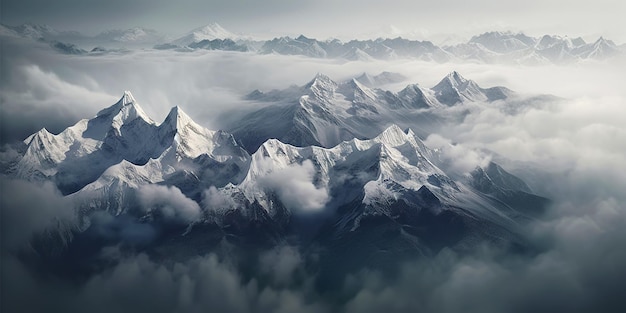 Dramático paisaje de montañas cubiertas de nieve Nubes y niebla cubren las laderas de piedra IA generativa