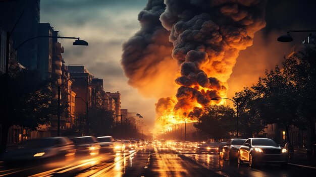 Dramático paisaje nocturno de una gran ciudad con humo de fuego y tornado Larga exposición y faros borrosos de automóviles Concepto de desastre IA generativa