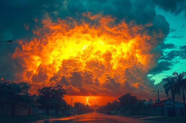 Dramático paisaje de nubes sobre una tranquila calle suburbana