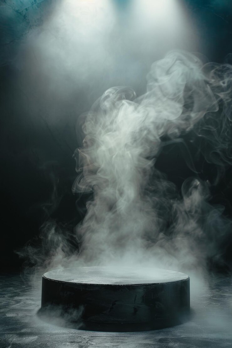 El dramático podio de los reflectores contra un fondo negro de humo