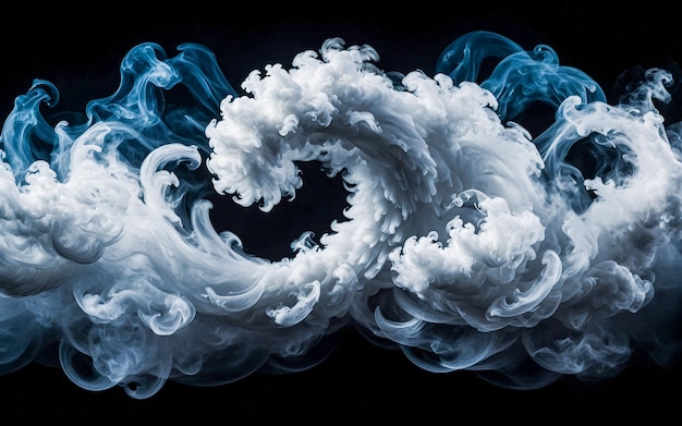 Un dramático remolino de humo azul y blanco sobre un fondo negro