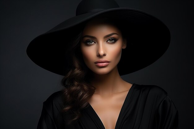 Dramático retrato de estudio oscuro de una joven elegante y sexy con sombrero ancho negro y vestido negro