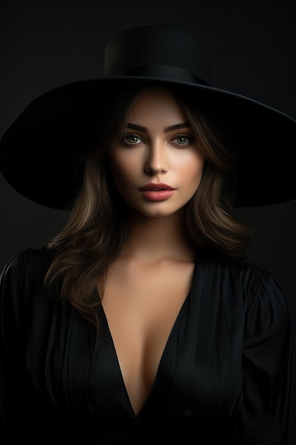 Dramático retrato de estudio oscuro de una joven elegante y sexy con sombrero ancho negro y vestido negro