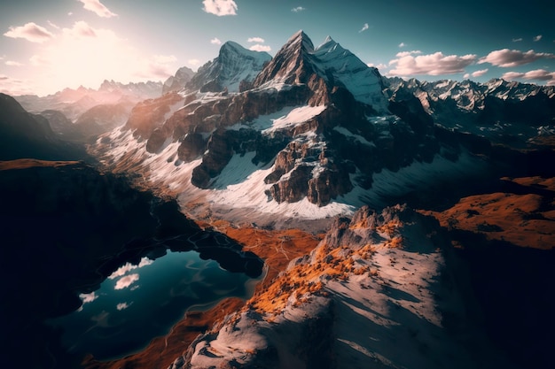 Dramatische Aussicht auf schneebedeckte Berge