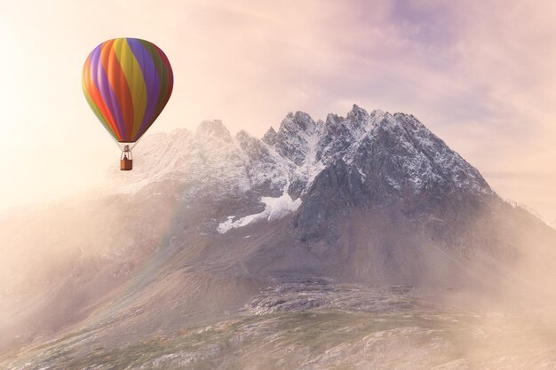 Dramatische Berglandschaft mit Heißluftballonfliegen