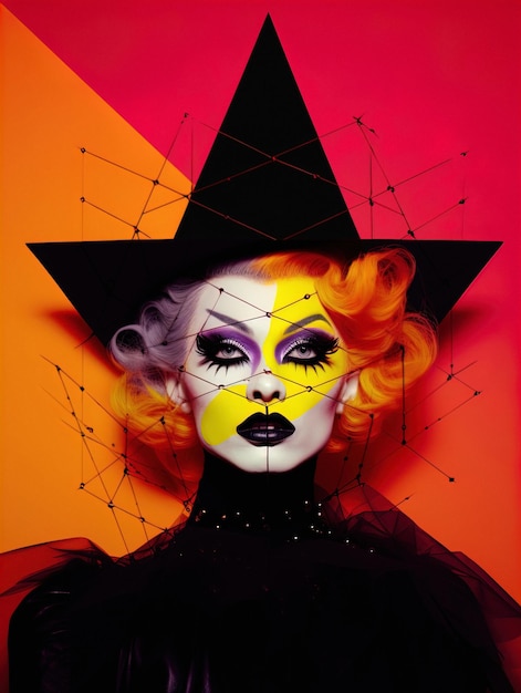 Foto dramatische drag queen als pop-art-hexe, die die ikonische halloween-figur in lebendigen farben und stil verkörpert